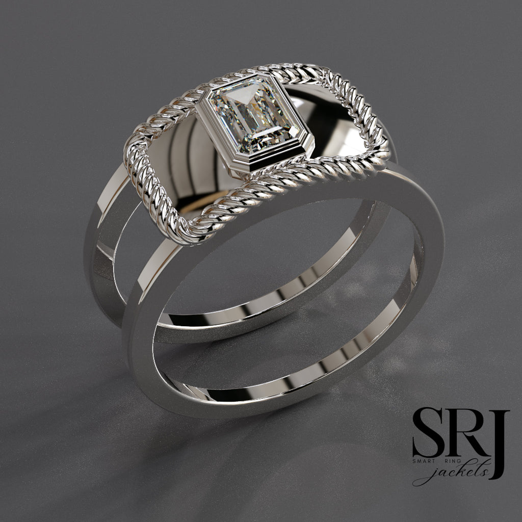 The Lariat oxidized sterling silver Oura ring jacket with hand-twisted rope border and emerald cut stone