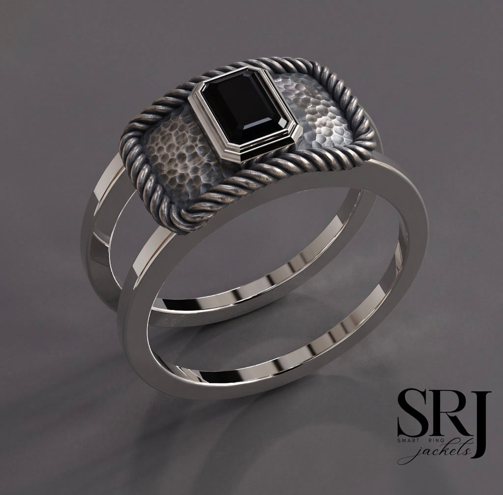 Close-up of The Lariat's emerald cut stone and hammered texture