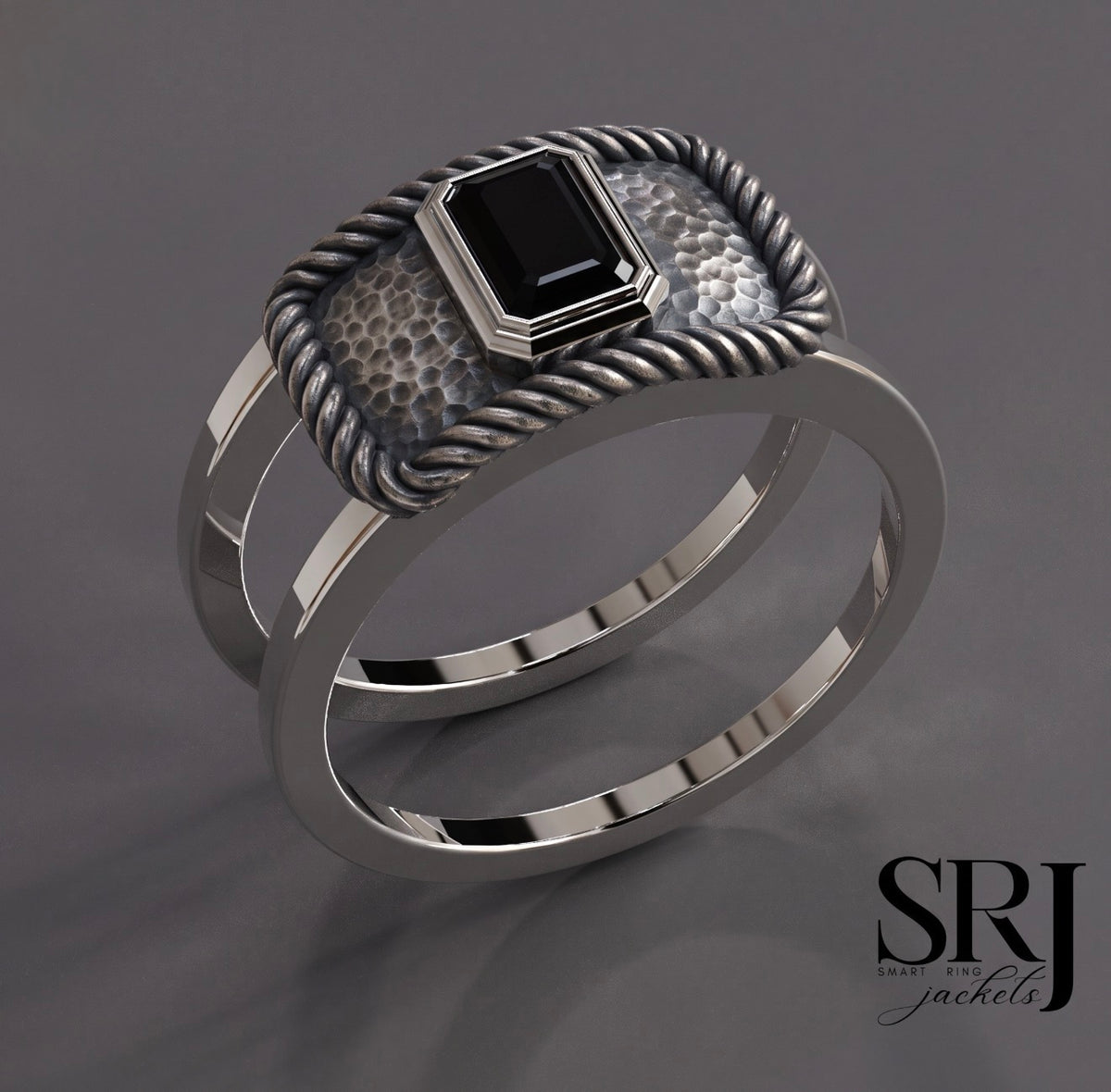 Close-up of The Lariat's emerald cut stone and hammered texture