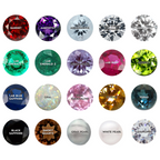 A grid of 20 labeled gemstone color swatches on a white background, including garnet, amethyst, aquamarine, lab white sapphire, moissanite, emerald, alexandrite, lab ruby, peridot, lab blue sapphire, opal, pink tourmaline, citrine, topaz, black sapphire, smoky quartz, gray pearl, white pearl, and diamond.