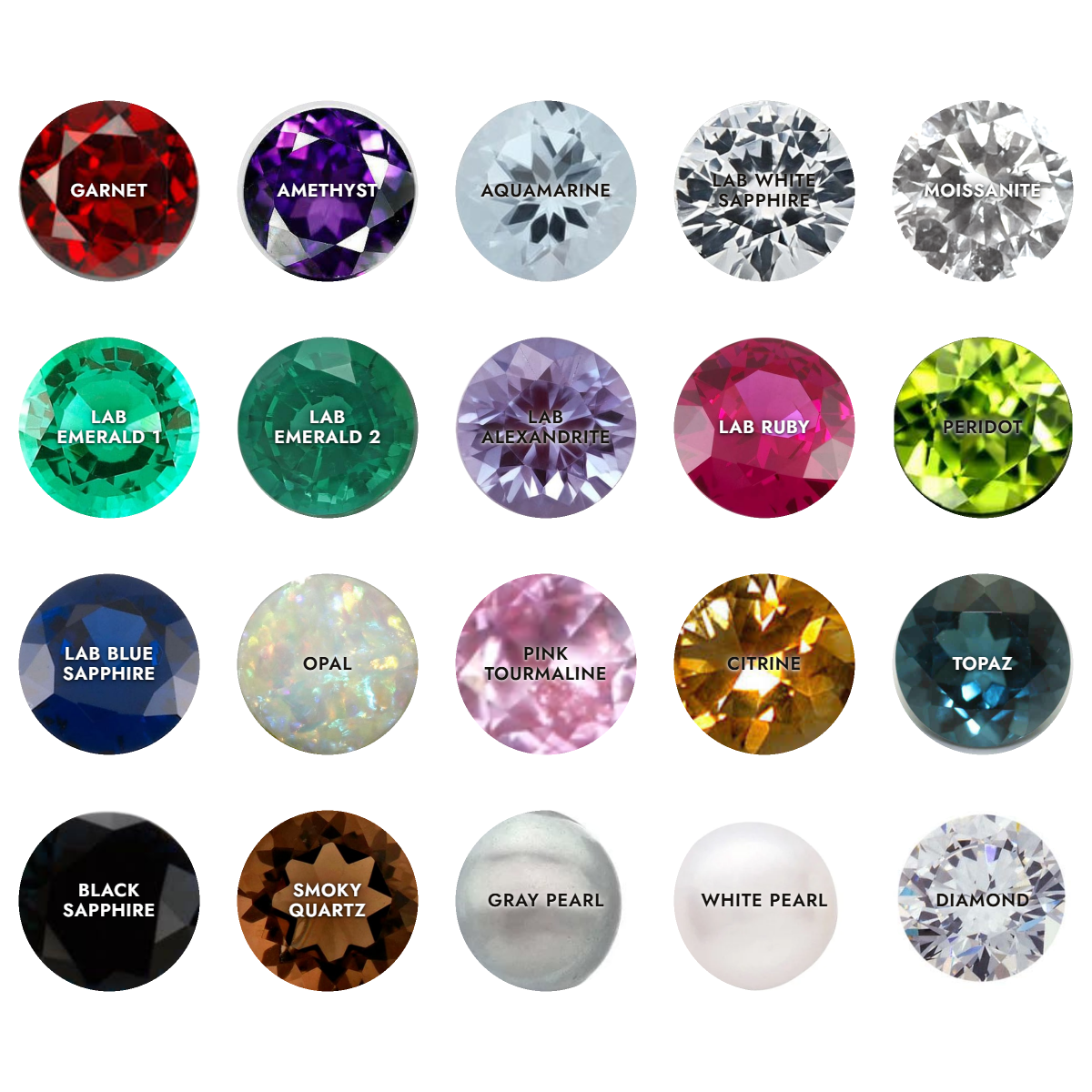 A grid of 20 labeled gemstone color swatches on a white background, including garnet, amethyst, aquamarine, lab white sapphire, moissanite, emerald, alexandrite, lab ruby, peridot, lab blue sapphire, opal, pink tourmaline, citrine, topaz, black sapphire, smoky quartz, gray pearl, white pearl, and diamond.