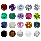 A 5x5 grid of round faceted gemstones in multiple colors, including red, purple, white, clear, green, pink, blue, yellow, black, brown, and pearl white, shown on a plain white background.